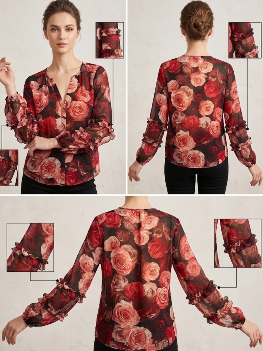 White House Black Market Red Rose-Print Sheer V-Neck Blouse